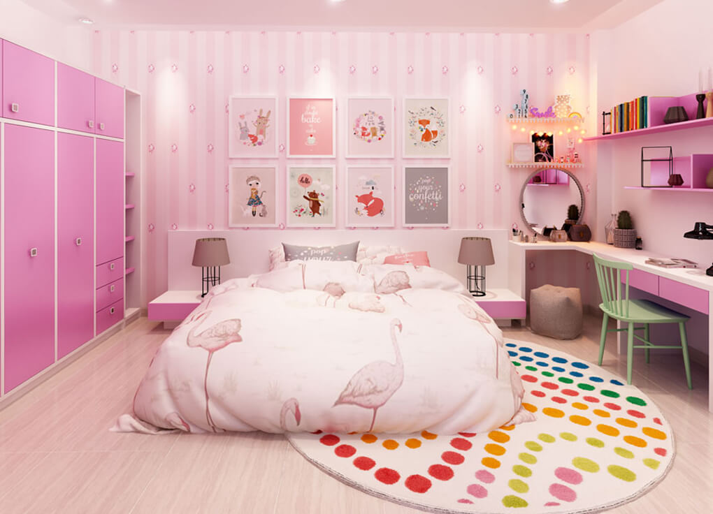 Với cách phối màu ấn tượng, Utihouse tạo ra phòng ngủ dành riêng cho bé gái với tông màu hồng nhẹ nhàng