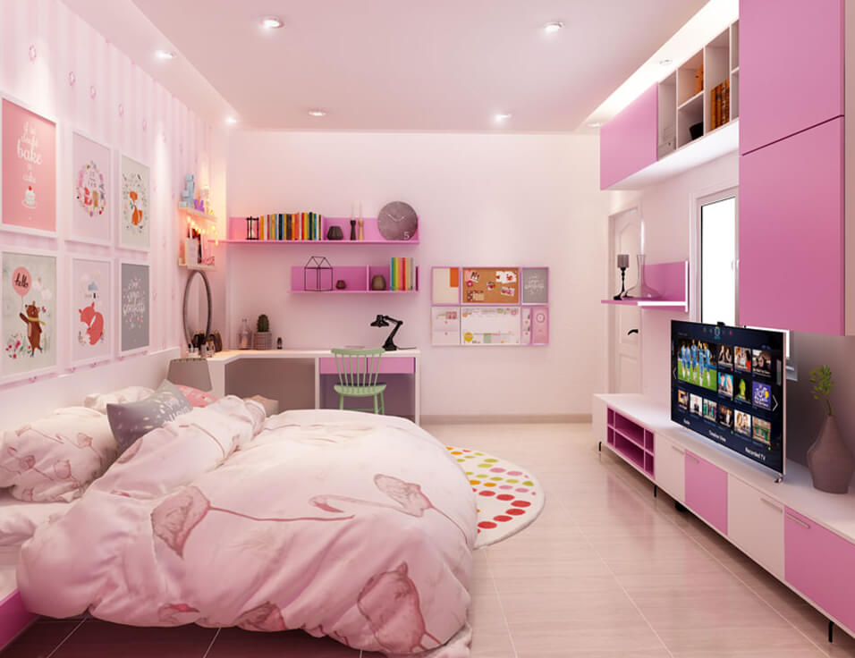 Màu hồng xen kẻ trắng,tạo nét dễ thương cho phòng ngủ bé gái