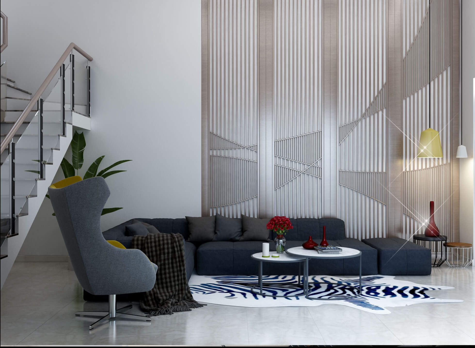 Phòng khách được bố trí đơn giản, với màu sắc tương phản làm nổi bật không gian