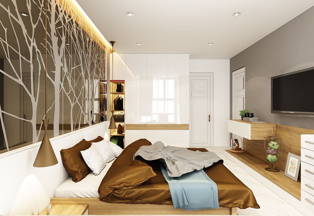 Phòng ngủ master sử dụng tông màu nâu của gỗ kết hợp màu trắng bóng làm căn phòng trở nên rộng rãi và sang trọng