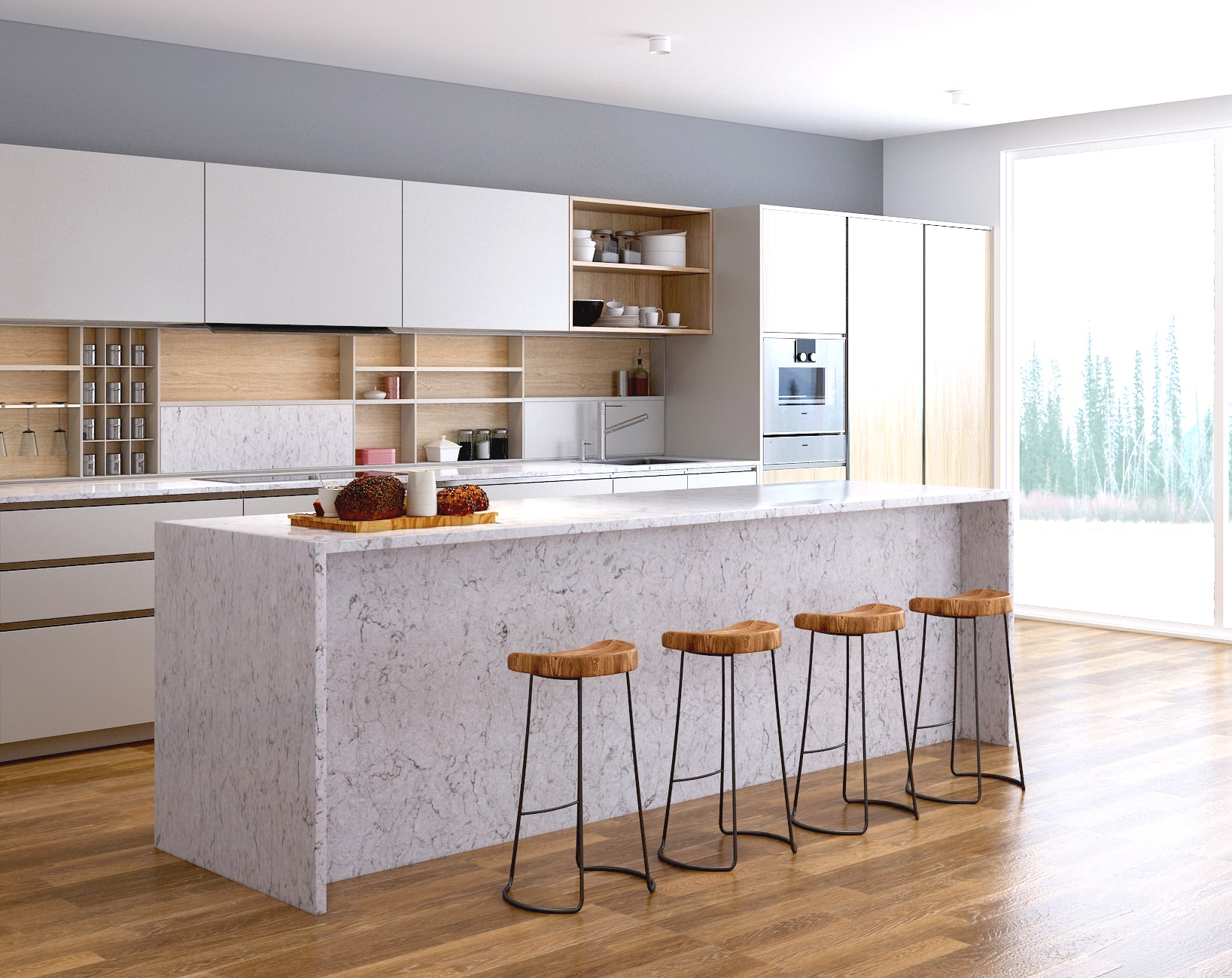 Bàn bếp đá Marble xám vân gỗ