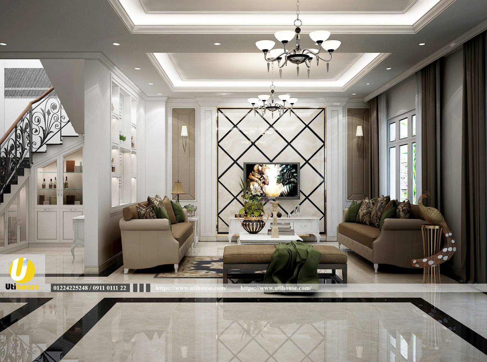 Phòng khách nhà ống kết hợp với tủ trang trí đơn giản