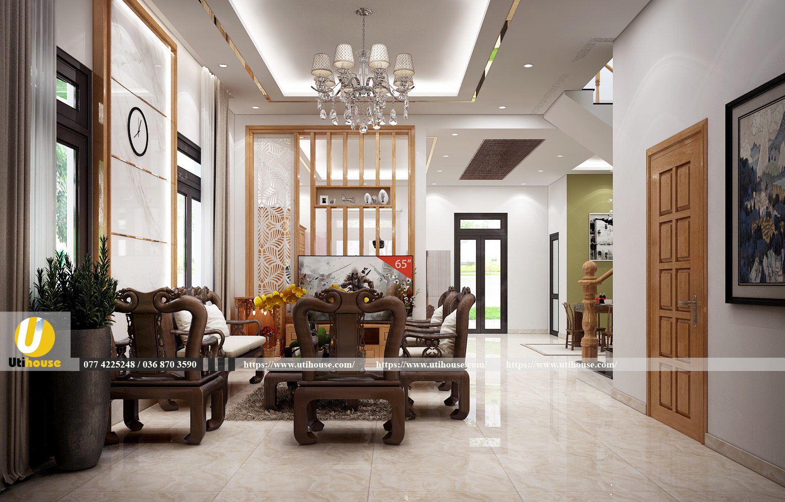 Phòng khách phong cách gỗ óc chó hiện đại
