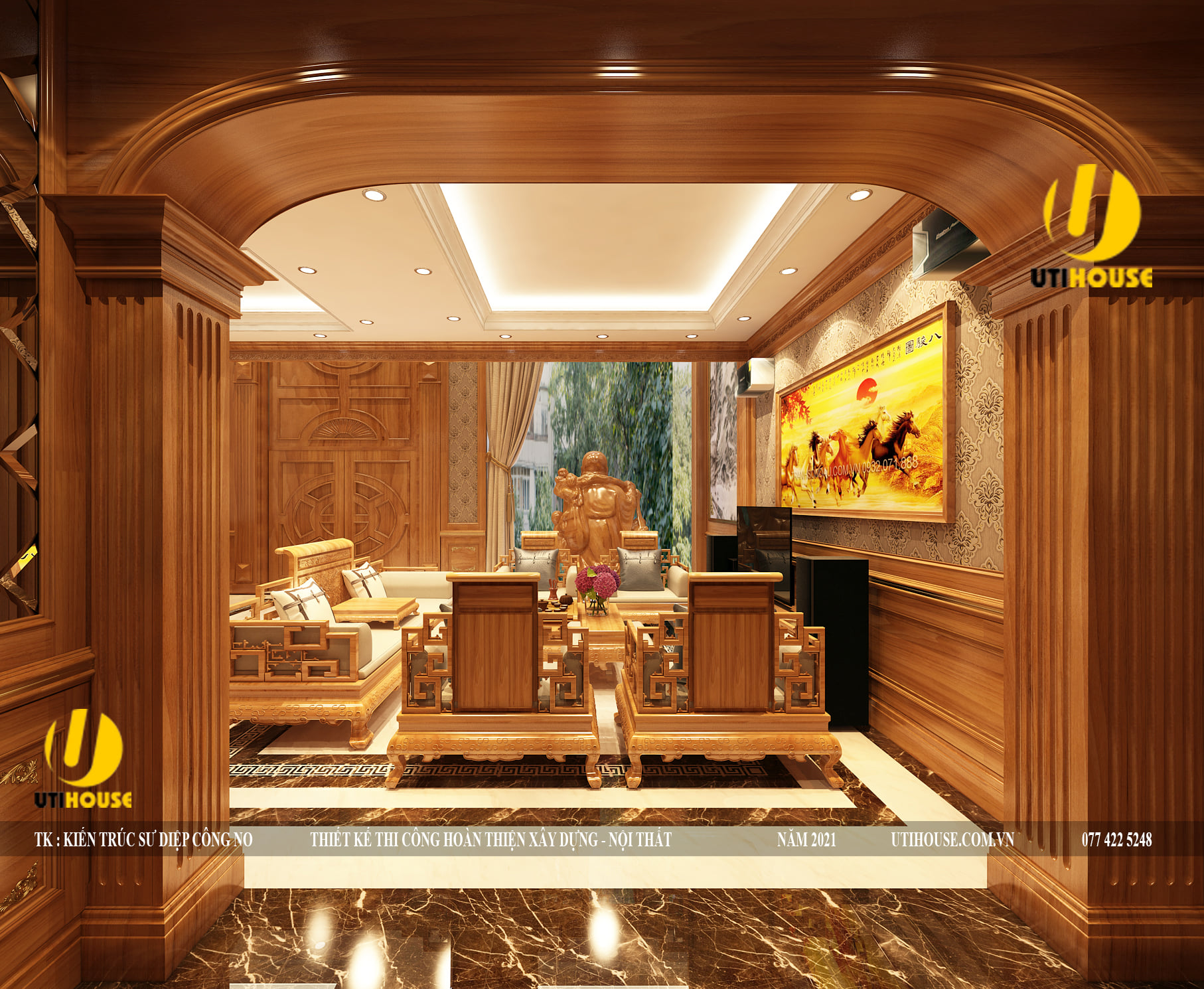 Thiết kế nội thất phòng khách sang trọng với 100% nội thất gỗ